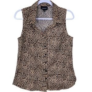 Metrostyle Leopard Animal Print Button Up Sleeveless Blouse 10 Rockabilly Pin Up